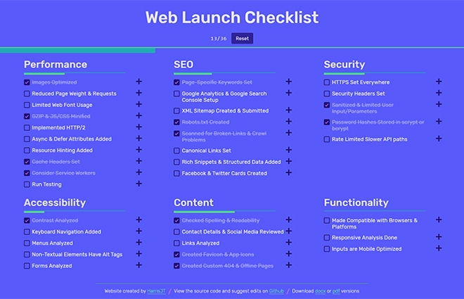 overview screenshot of weblaunchchecklist.com